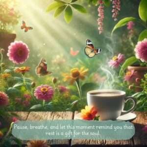 An image of a coffee cup in a garden