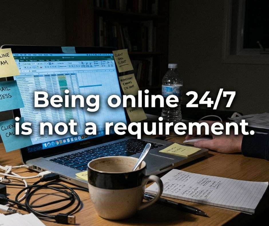 A cluttered home office desk at night with a laptop screen showing spreadsheets and sticky notes, representing the stress of being online 24/7.