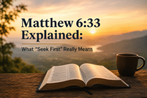 Open Bible during sunrise with the text “Matthew 6:33 Explained: What Seek First Really Means