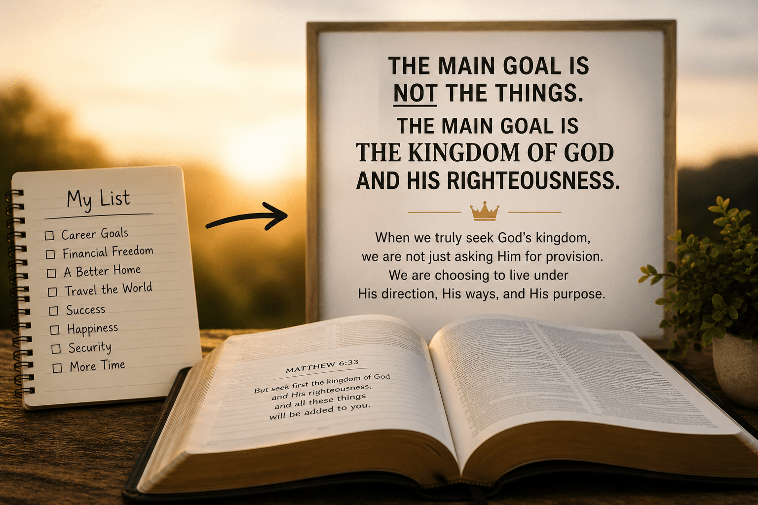 Matthew 6:33 reflection image showing a personal wish list beside a Bible and a message about seeking the kingdom of God first