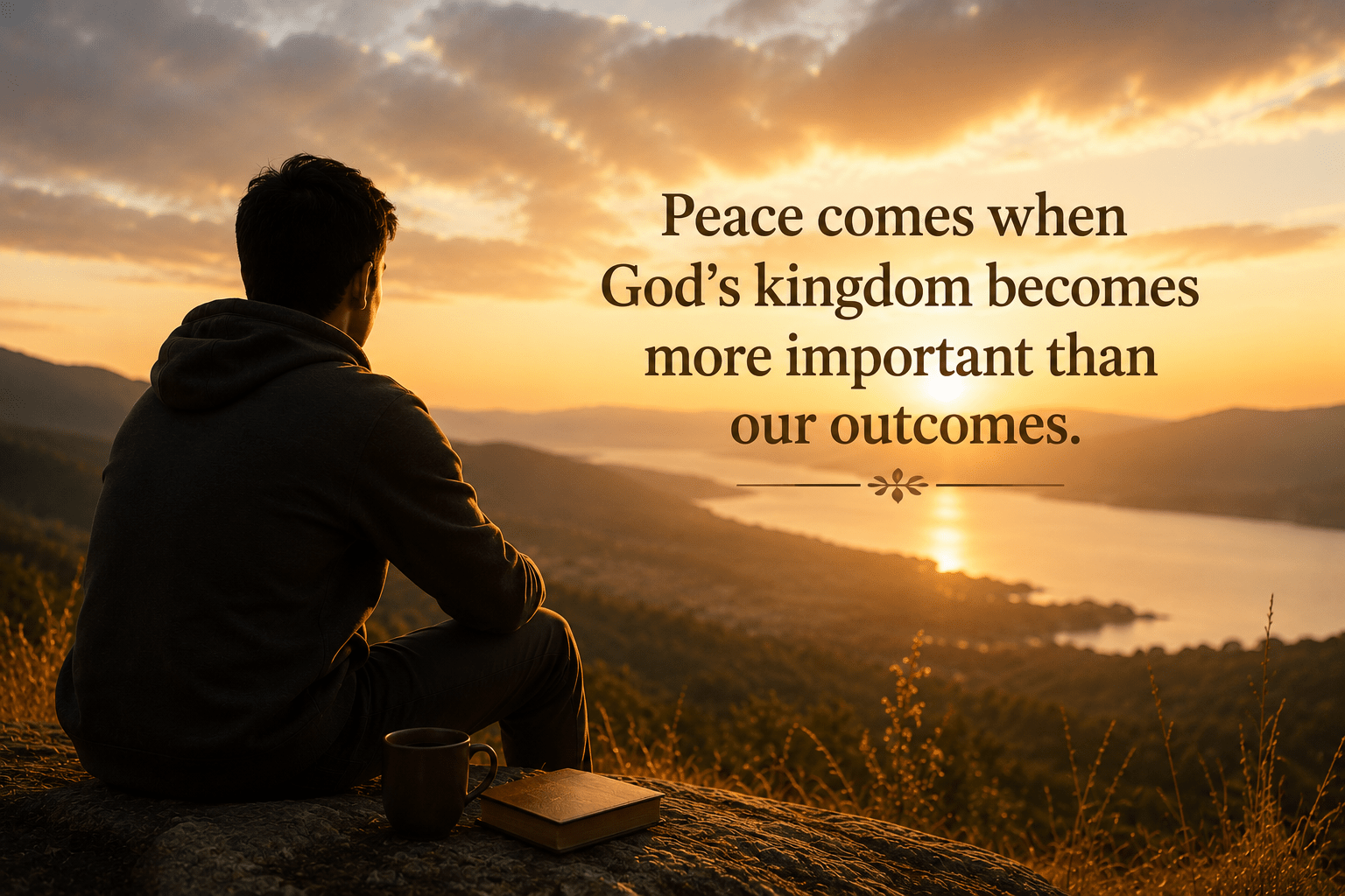 Person reflecting at sunrise with quote about finding peace when God’s kingdom matters more than outcomes