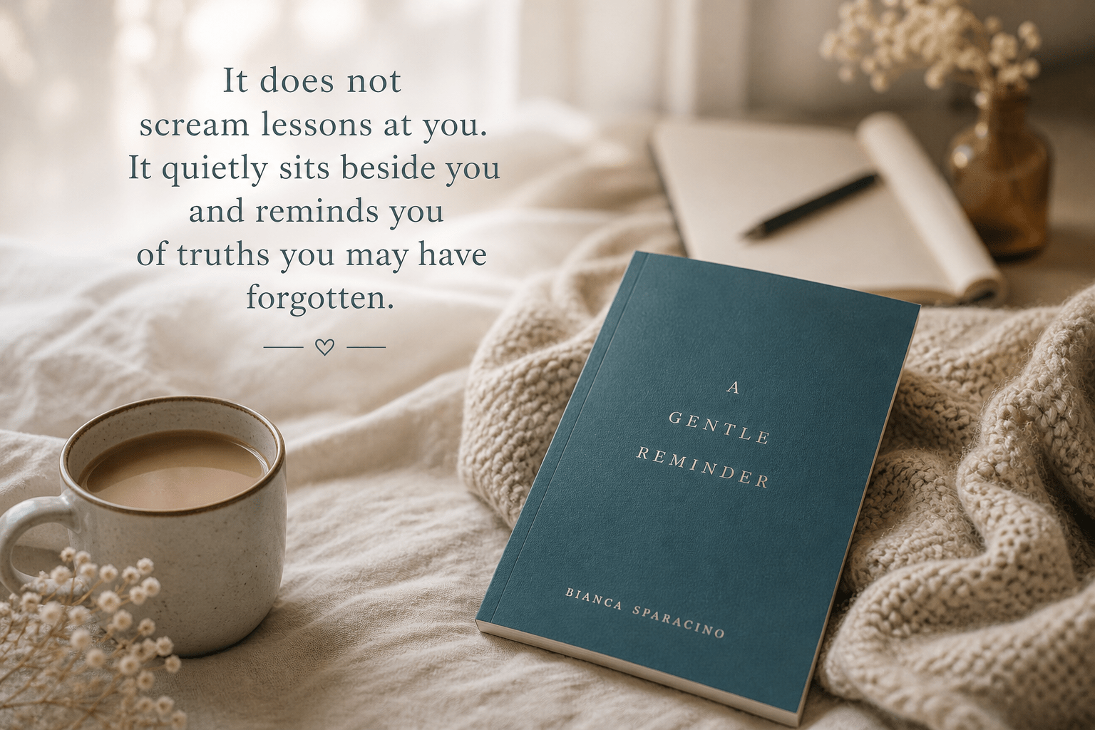 A cozy flat lay featuring the book A Gentle Reminder by Bianca Sparacino beside a cup of coffee and a reflective quote about healing and emotional growth.