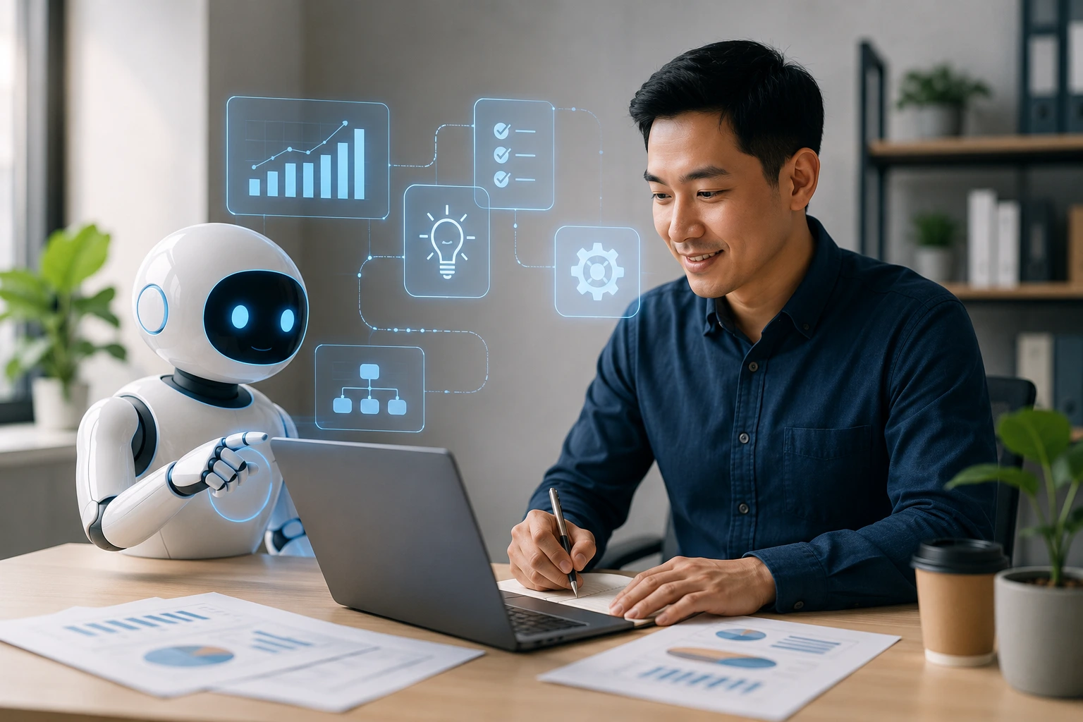 A digital marketer working on a laptop beside a friendly AI robot assistant in a modern office workspace.