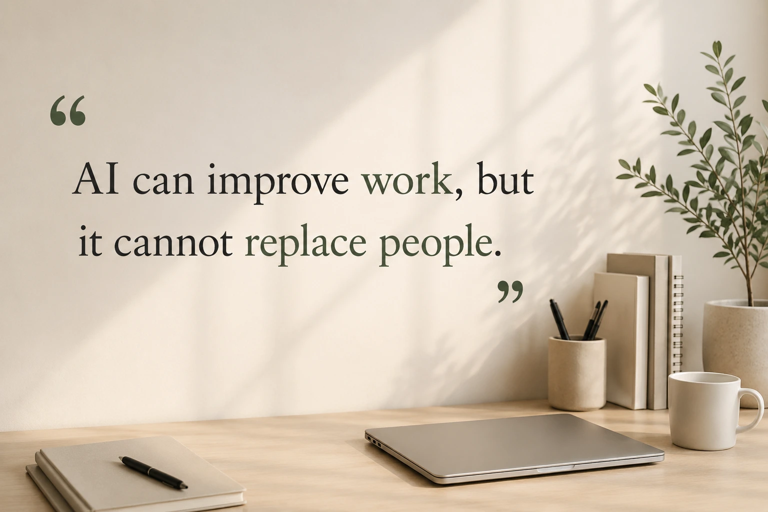 Minimal workspace setup with the quote “AI can improve work, but it cannot replace people” displayed on a soft beige background.