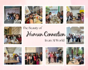 Collage of friends and loved ones spending time together during meals, gatherings, and fellowship moments, with the title “The Beauty of Human Connection in an AI World” in the center.
